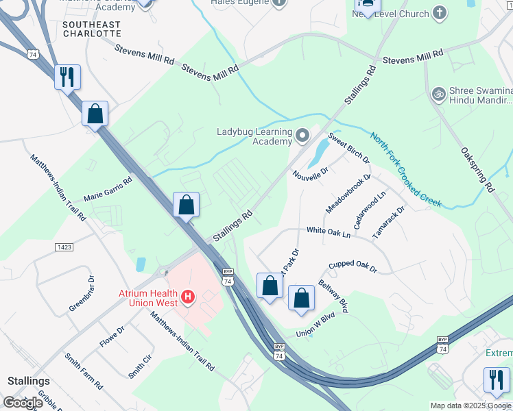 map of restaurants, bars, coffee shops, grocery stores, and more near 2003 Stallings Road in Stallings