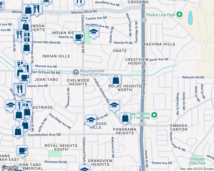 map of restaurants, bars, coffee shops, grocery stores, and more near 12512 Indian Trail Northeast in Albuquerque
