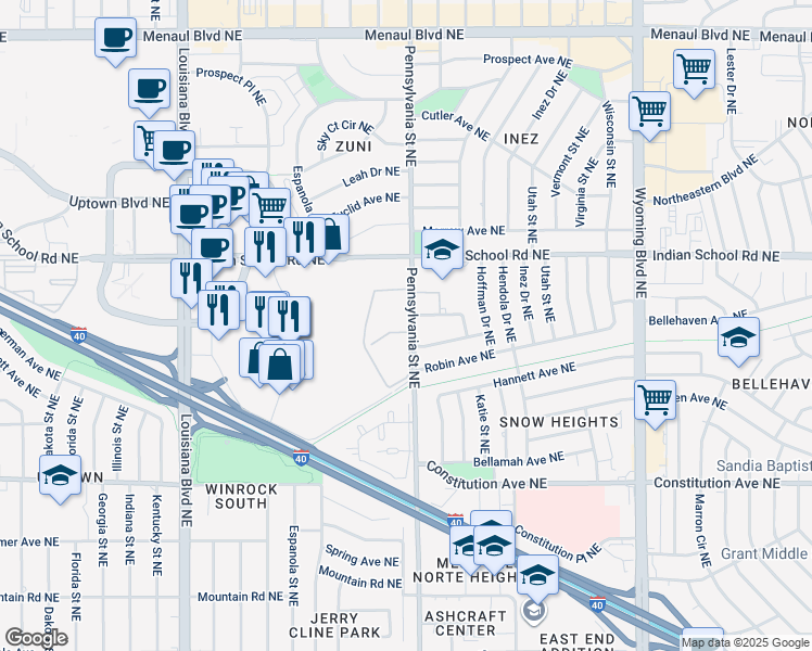 map of restaurants, bars, coffee shops, grocery stores, and more near 1610 Pennsylvania Street Northeast in Albuquerque