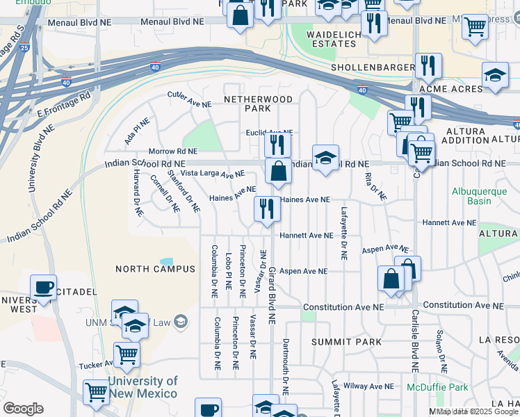 map of restaurants, bars, coffee shops, grocery stores, and more near 1440 Vassar Drive Northeast in Albuquerque
