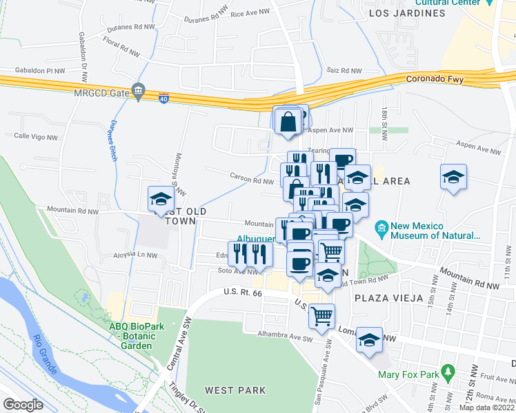 map of restaurants, bars, coffee shops, grocery stores, and more near 2522 Carson Road Northwest in Albuquerque