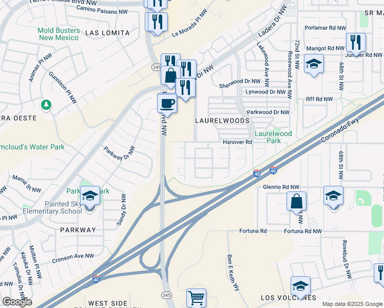 map of restaurants, bars, coffee shops, grocery stores, and more near 1412 Alwood Drive Northwest in Albuquerque