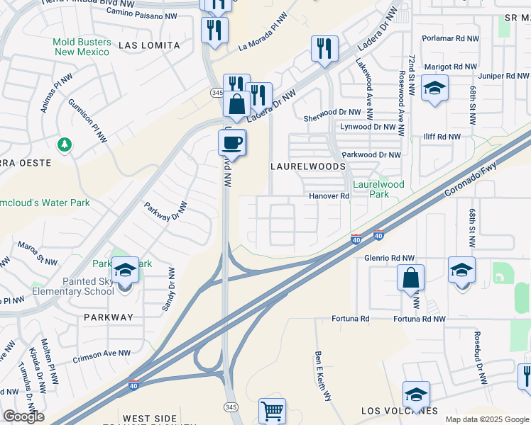 map of restaurants, bars, coffee shops, grocery stores, and more near 1412 Alwood Drive Northwest in Albuquerque