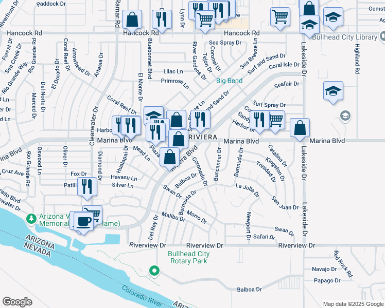 map of restaurants, bars, coffee shops, grocery stores, and more near 2020b Riviera Boulevard in Bullhead City