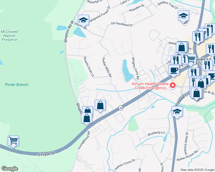 map of restaurants, bars, coffee shops, grocery stores, and more near 16223 Greybriar Forest Lane in Charlotte