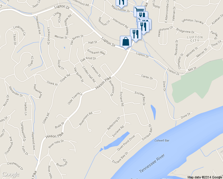 map of restaurants, bars, coffee shops, grocery stores, and more near 1010 Rivermont Place in Chattanooga