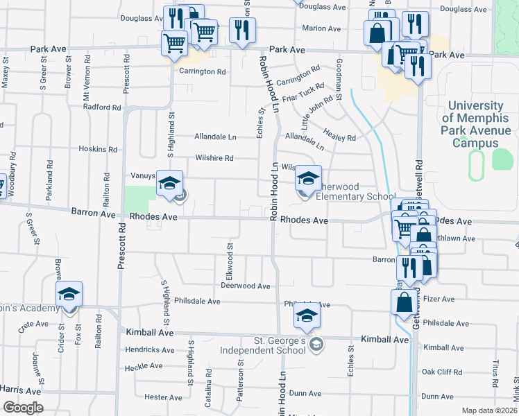 map of restaurants, bars, coffee shops, grocery stores, and more near 1171 Robin Hood Lane in Memphis