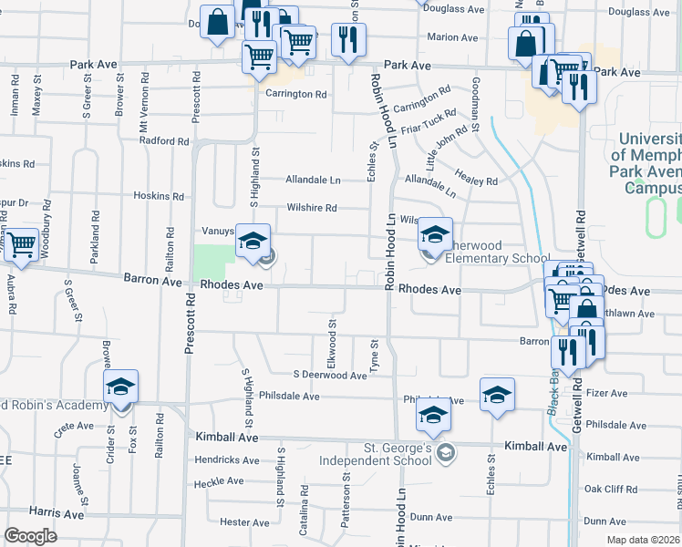 map of restaurants, bars, coffee shops, grocery stores, and more near 1154 Elkwood Cove in Memphis