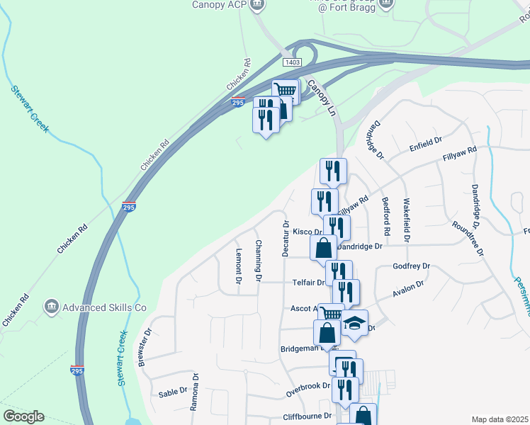 map of restaurants, bars, coffee shops, grocery stores, and more near 7530 Decatur Drive in Fayetteville