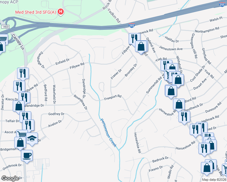 map of restaurants, bars, coffee shops, grocery stores, and more near 1208 Bromley Drive in Fayetteville