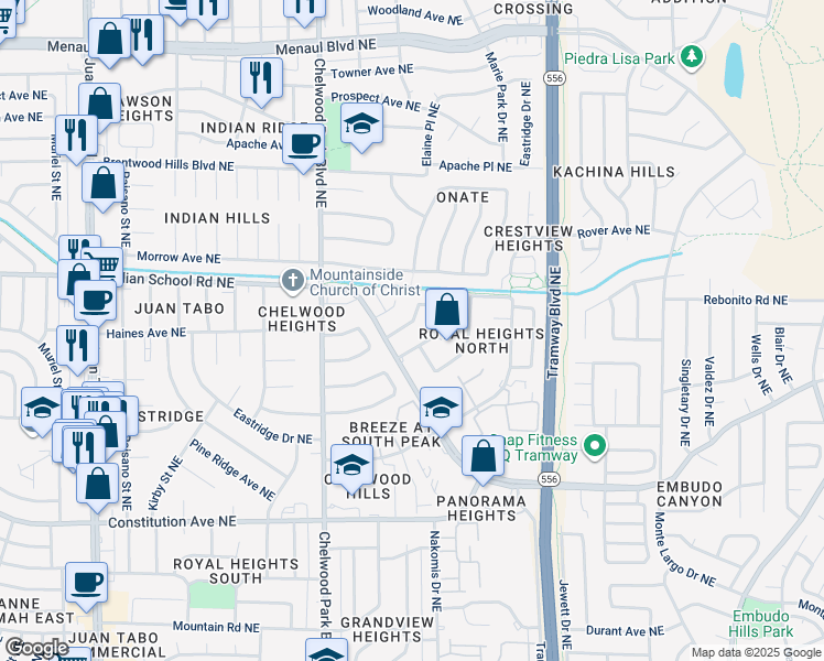 map of restaurants, bars, coffee shops, grocery stores, and more near 12512 Indian Trail Northeast in Albuquerque