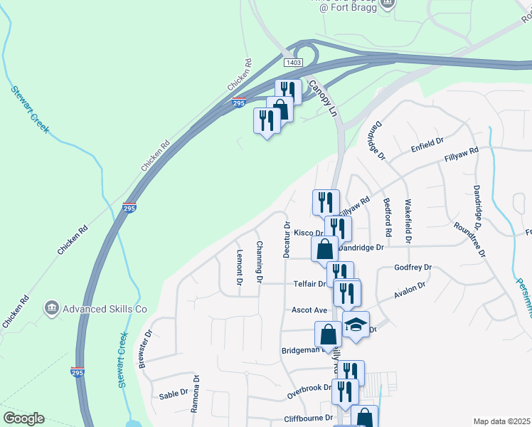 map of restaurants, bars, coffee shops, grocery stores, and more near 7530 Decatur Drive in Fayetteville