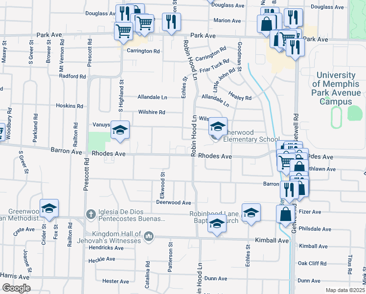 map of restaurants, bars, coffee shops, grocery stores, and more near 1171 Robin Hood Lane in Memphis