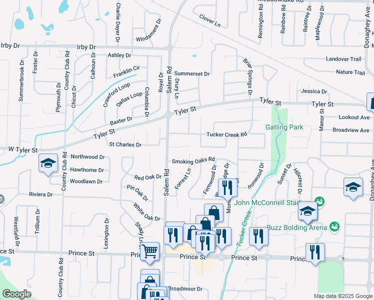 map of restaurants, bars, coffee shops, grocery stores, and more near 25 Sandstone Drive in Conway