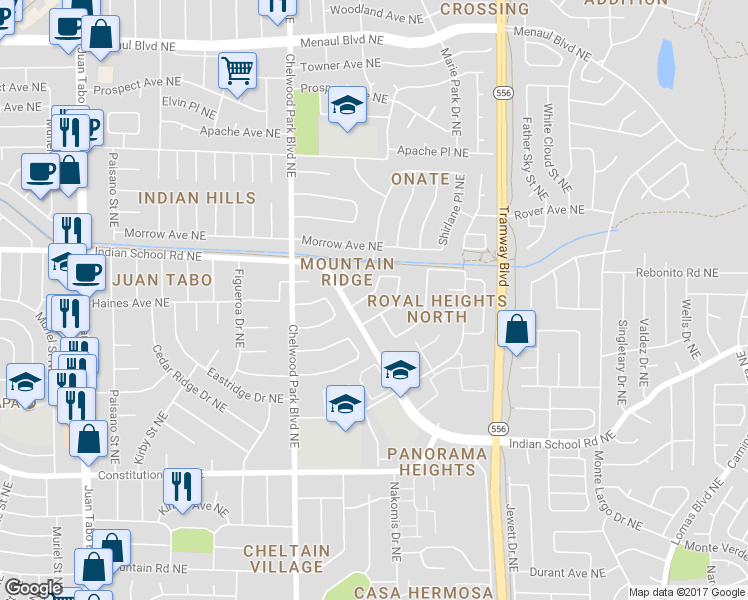 map of restaurants, bars, coffee shops, grocery stores, and more near 12512 Indian Trail Northeast in Albuquerque