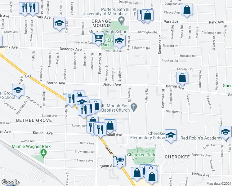 map of restaurants, bars, coffee shops, grocery stores, and more near 2853 Sage Road in Memphis