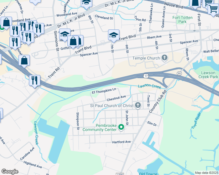 map of restaurants, bars, coffee shops, grocery stores, and more near 1908 Ef Thompkins Lane in New Bern