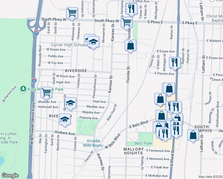 map of restaurants, bars, coffee shops, grocery stores, and more near 1748 Kansas Street in Memphis