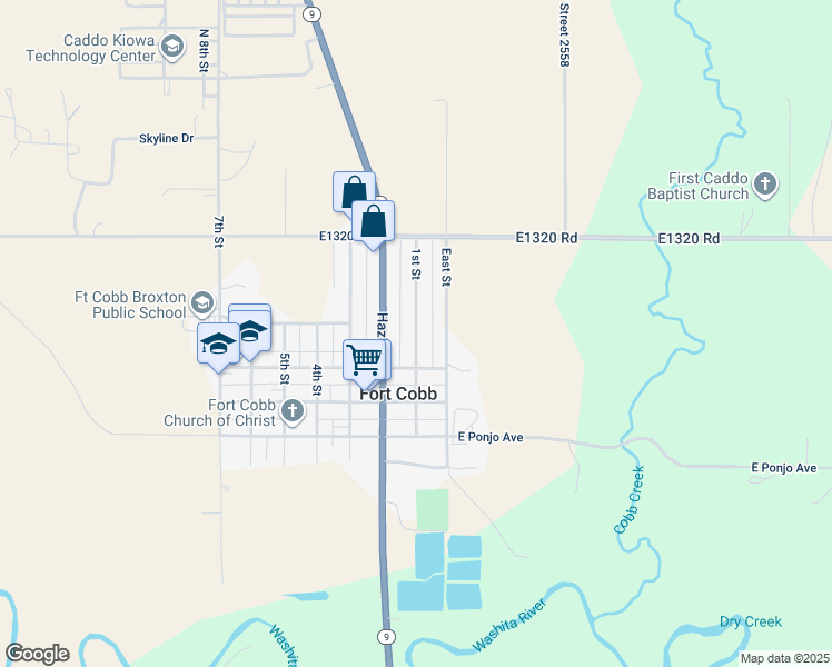 map of restaurants, bars, coffee shops, grocery stores, and more near 1st Street in Fort Cobb