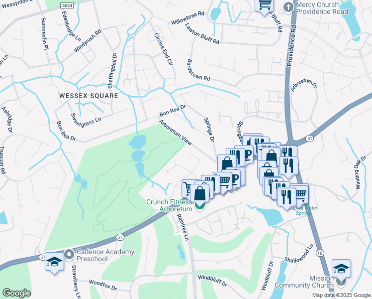 map of restaurants, bars, coffee shops, grocery stores, and more near 3301 Chilham Place in Charlotte