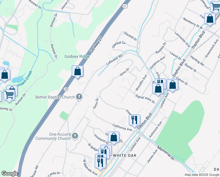 map of restaurants, bars, coffee shops, grocery stores, and more near 277 Sims Dr in Chattanooga