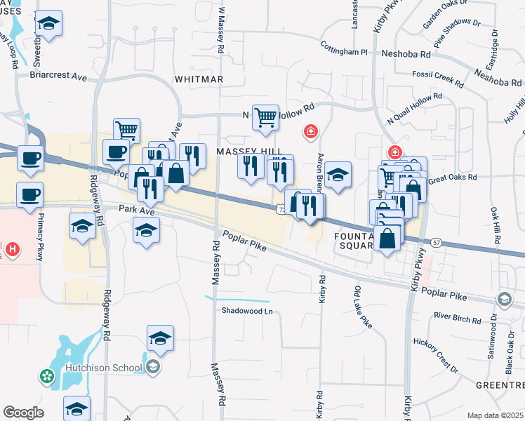 map of restaurants, bars, coffee shops, grocery stores, and more near 6401 Poplar Avenue in Memphis