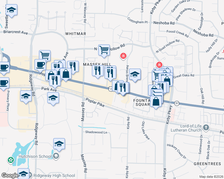 map of restaurants, bars, coffee shops, grocery stores, and more near 6455 Poplar Avenue in Memphis