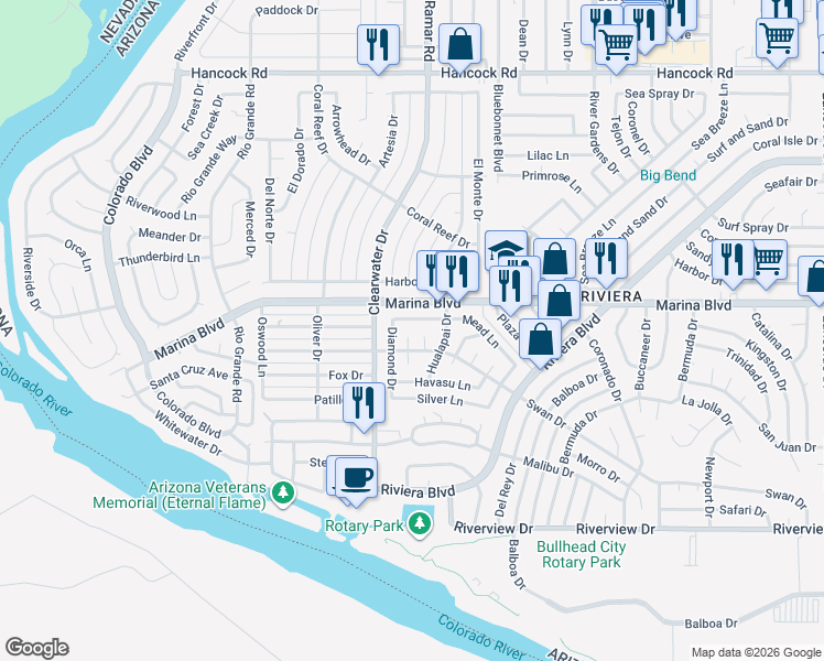 map of restaurants, bars, coffee shops, grocery stores, and more near 2030 Swan Cove North in Bullhead City
