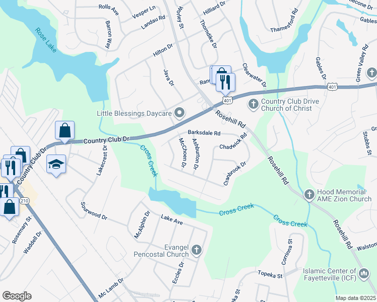 map of restaurants, bars, coffee shops, grocery stores, and more near 3212 McChoen Drive in Fayetteville