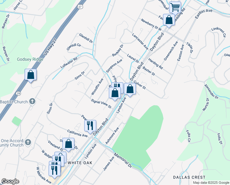 map of restaurants, bars, coffee shops, grocery stores, and more near 107 Martin Road in Chattanooga