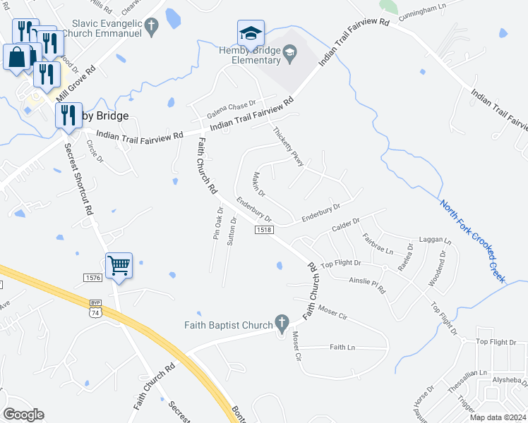 map of restaurants, bars, coffee shops, grocery stores, and more near 1051 Enderbury Drive in Indian Trail