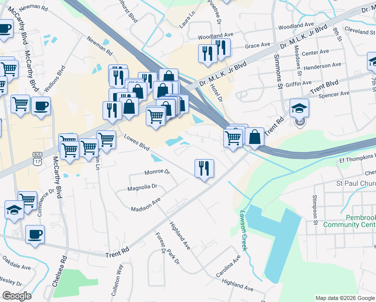 map of restaurants, bars, coffee shops, grocery stores, and more near 4000 Camden Square Drive in New Bern