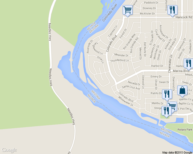 map of restaurants, bars, coffee shops, grocery stores, and more near 2423 Castle Rock Circle in Bullhead City