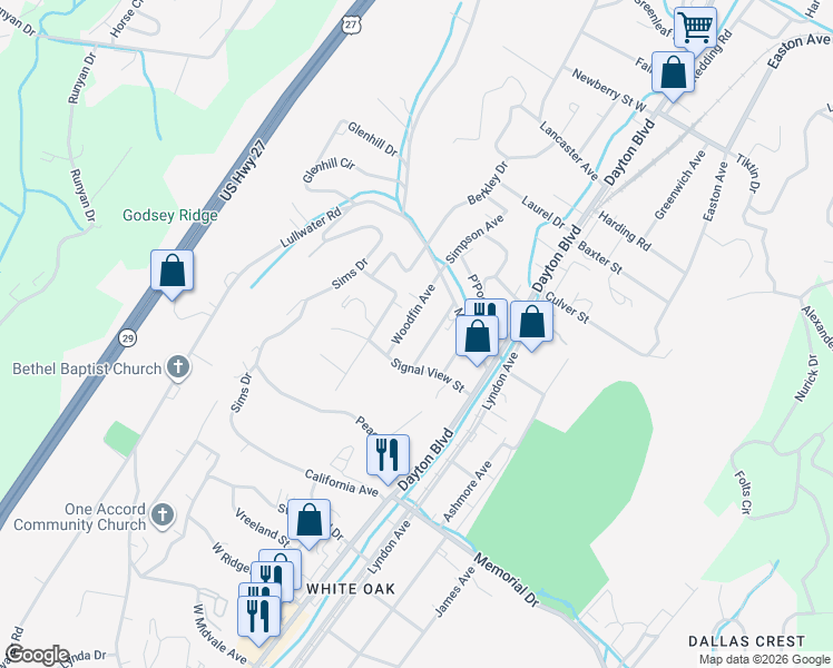 map of restaurants, bars, coffee shops, grocery stores, and more near 2514 Woodfin Avenue in Chattanooga