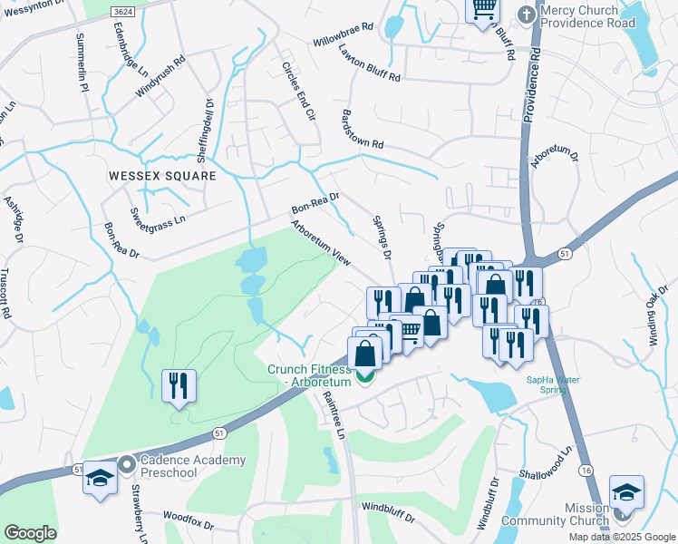 map of restaurants, bars, coffee shops, grocery stores, and more near 3301 Chilham Place in Charlotte