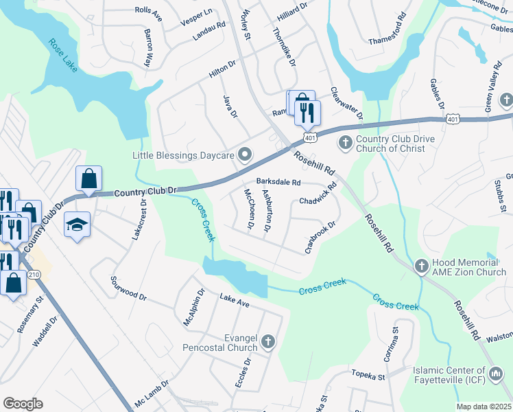 map of restaurants, bars, coffee shops, grocery stores, and more near 3212 McChoen Drive in Fayetteville