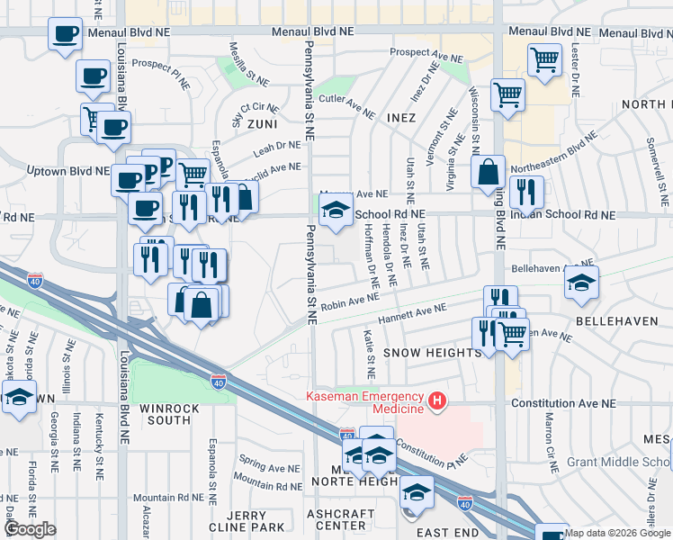 map of restaurants, bars, coffee shops, grocery stores, and more near 7720 McKnight Avenue Northeast in Albuquerque