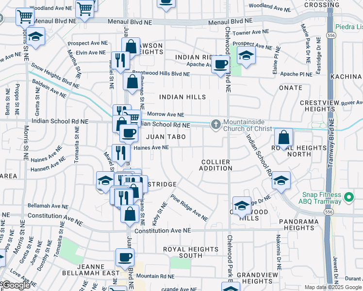 map of restaurants, bars, coffee shops, grocery stores, and more near 1704 Zena Lona Street Northeast in Albuquerque