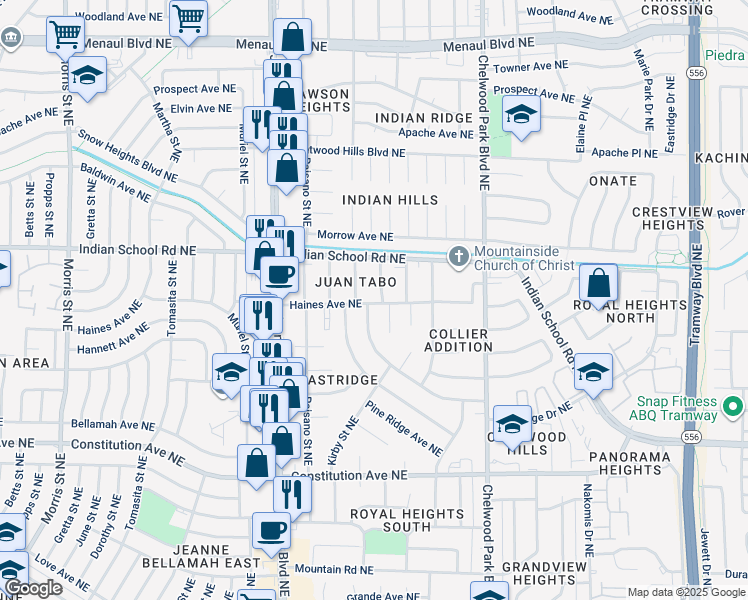 map of restaurants, bars, coffee shops, grocery stores, and more near 1704 Zena Lona Street Northeast in Albuquerque