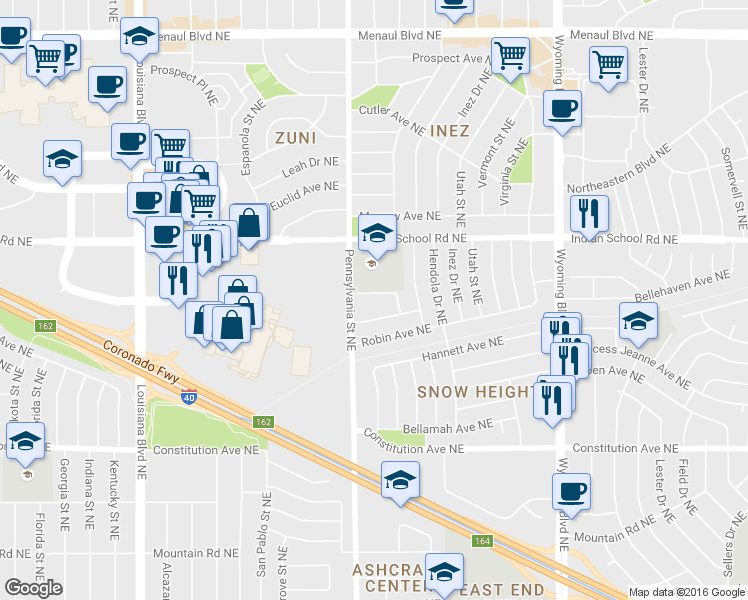 map of restaurants, bars, coffee shops, grocery stores, and more near 7720 McKnight Avenue Northeast in Albuquerque