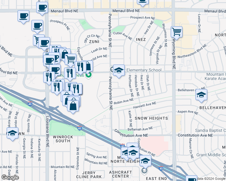 map of restaurants, bars, coffee shops, grocery stores, and more near 1610 Pennsylvania Street Northeast in Albuquerque