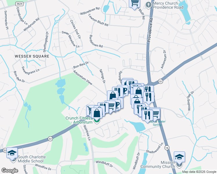 map of restaurants, bars, coffee shops, grocery stores, and more near 2559 Springs Drive in Charlotte