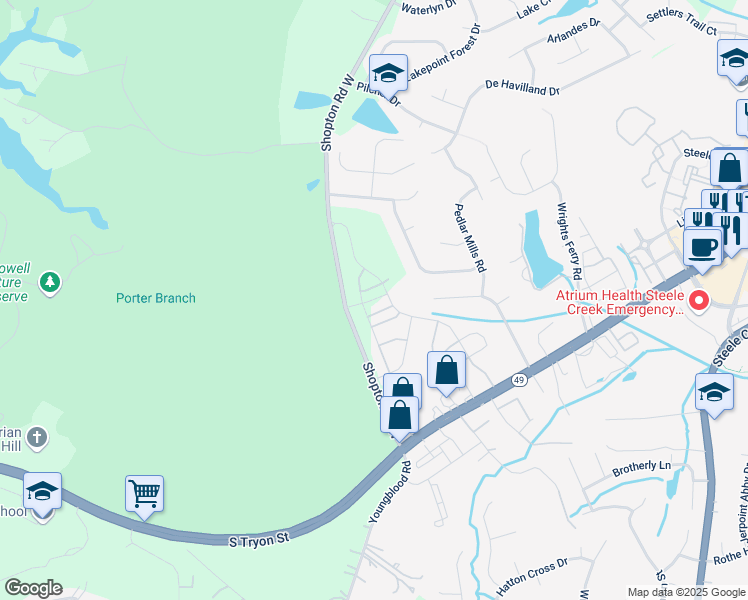 map of restaurants, bars, coffee shops, grocery stores, and more near 16051-16481 Shopton Road West in Charlotte
