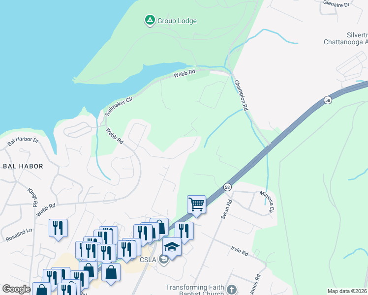 map of restaurants, bars, coffee shops, grocery stores, and more near 4560 Webb Road in Chattanooga
