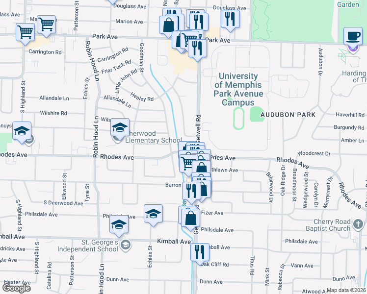 map of restaurants, bars, coffee shops, grocery stores, and more near 3916 Rhodes Avenue in Memphis