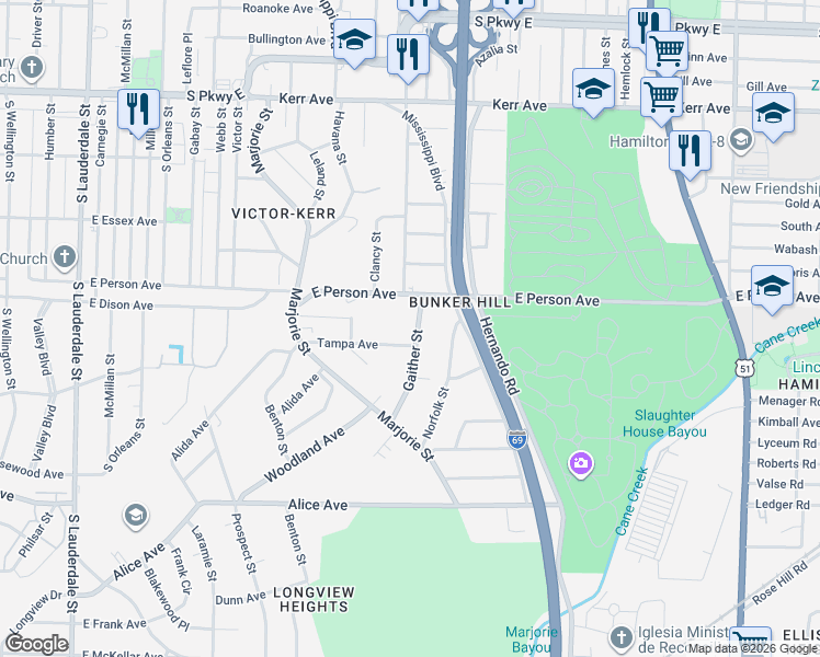 map of restaurants, bars, coffee shops, grocery stores, and more near 1711 Gaither Street in Memphis