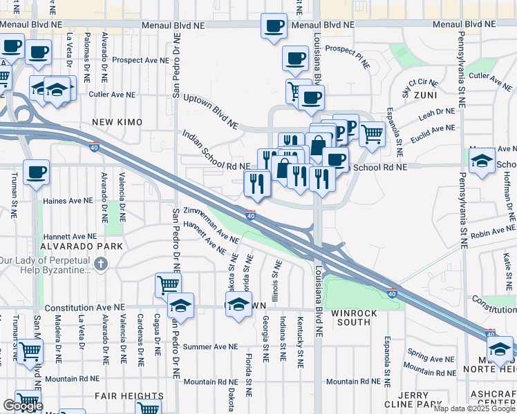 map of restaurants, bars, coffee shops, grocery stores, and more near 6520 Americas Parkway in Albuquerque