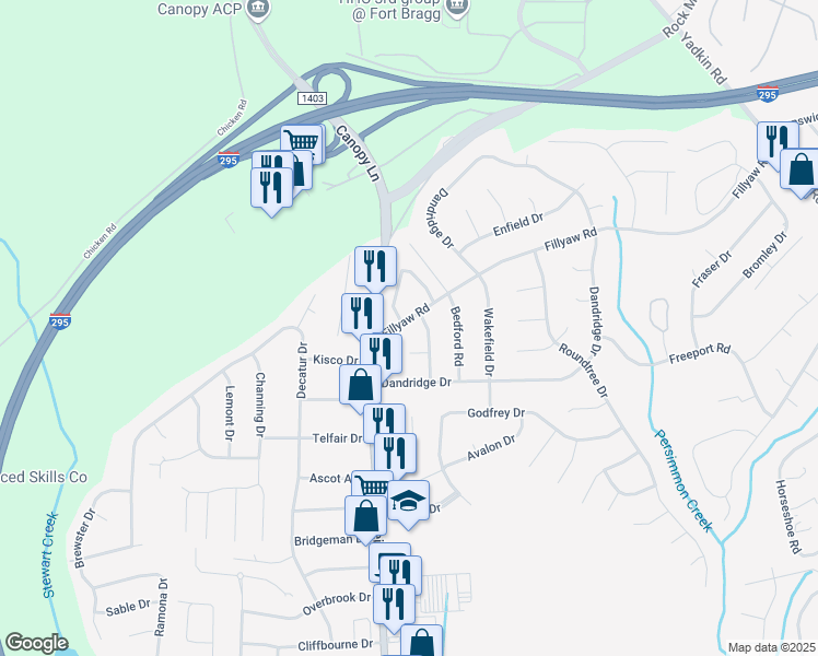 map of restaurants, bars, coffee shops, grocery stores, and more near 7205 Fillyaw Road in Fayetteville