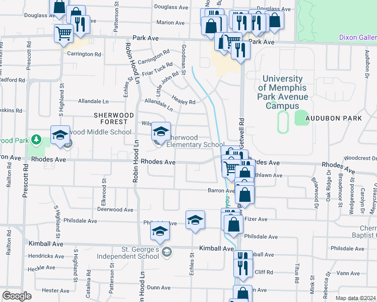 map of restaurants, bars, coffee shops, grocery stores, and more near 3813 Maid Marian Lane in Memphis