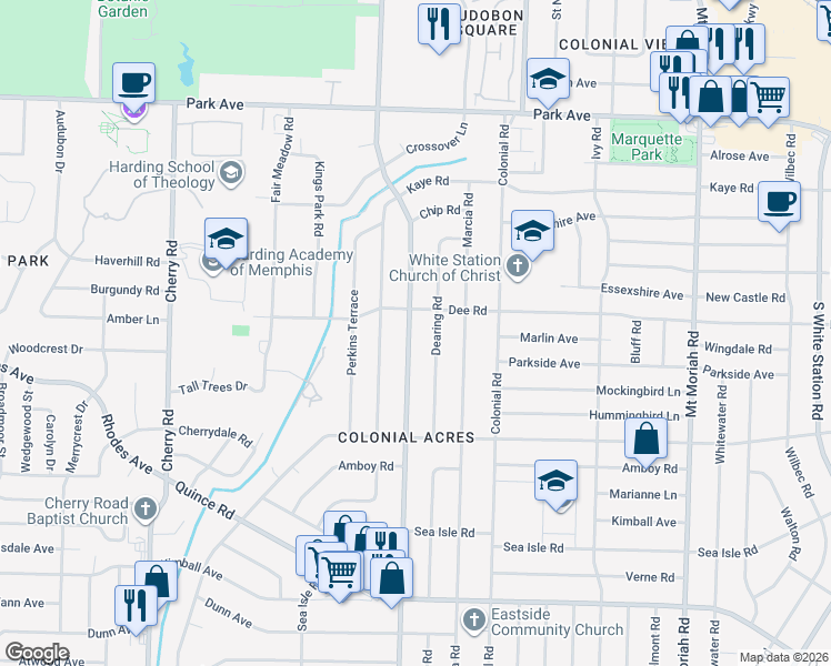 map of restaurants, bars, coffee shops, grocery stores, and more near 1161 South Perkins Road in Memphis